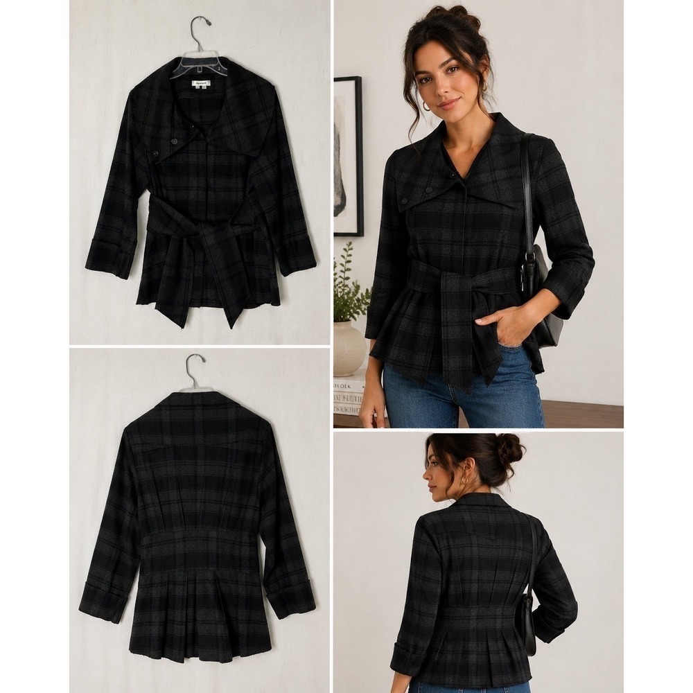 Appraisal Womens‎ Plaid Wrap Jacket Grey Black Belted Pleated Back Size Large